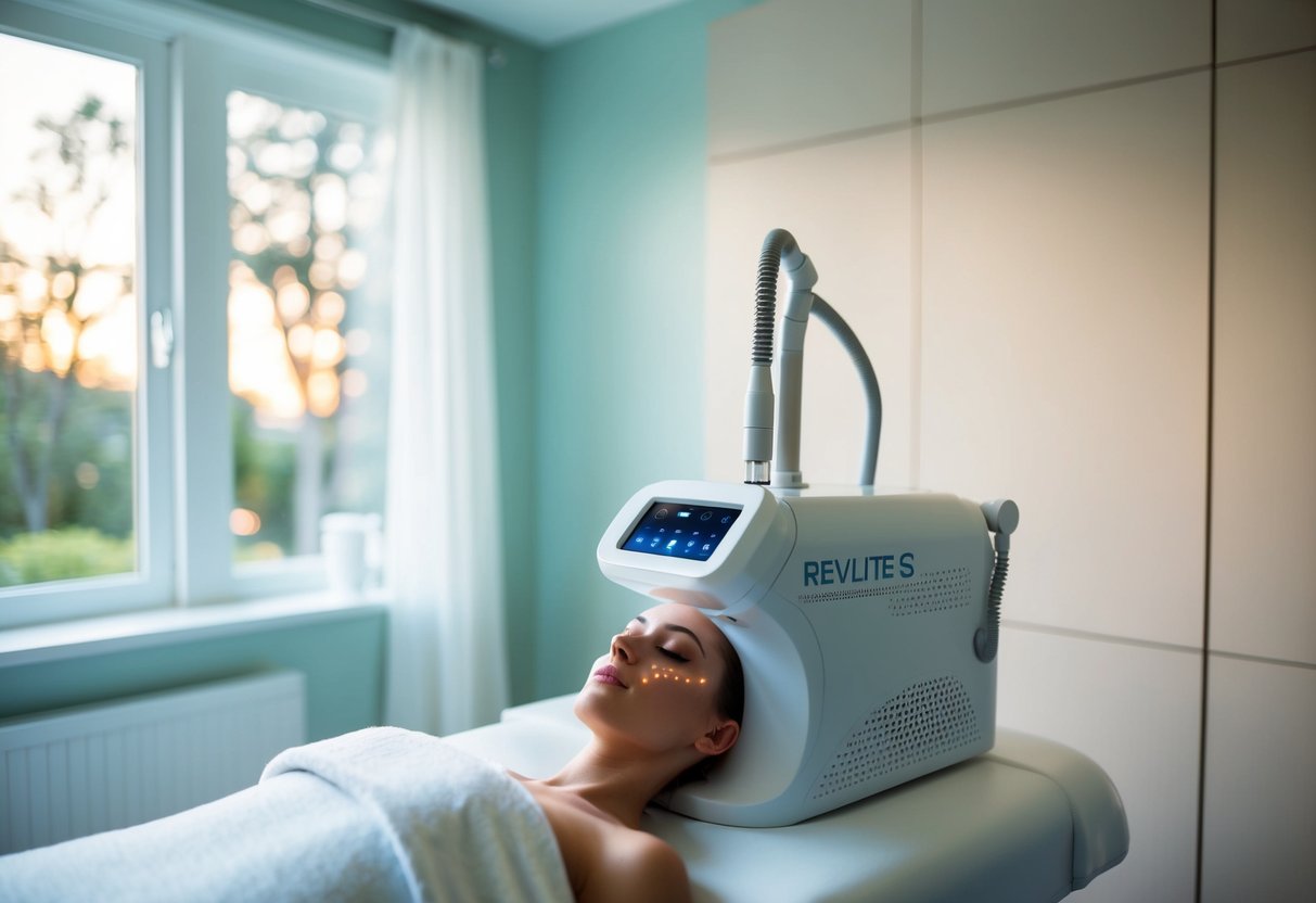 A serene spa room with a RevLite SI Q-Switched Laser machine, targeting unwanted pigmentation and scars on a client's skin