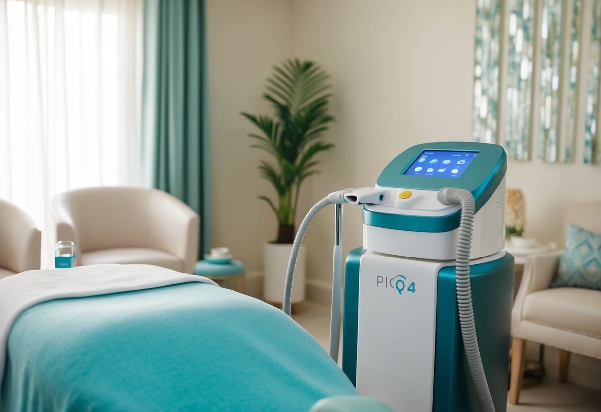 A serene spa room with a PiQo4 Pico Laser machine, soft lighting, and a comfortable treatment chair, surrounded by tranquil decor