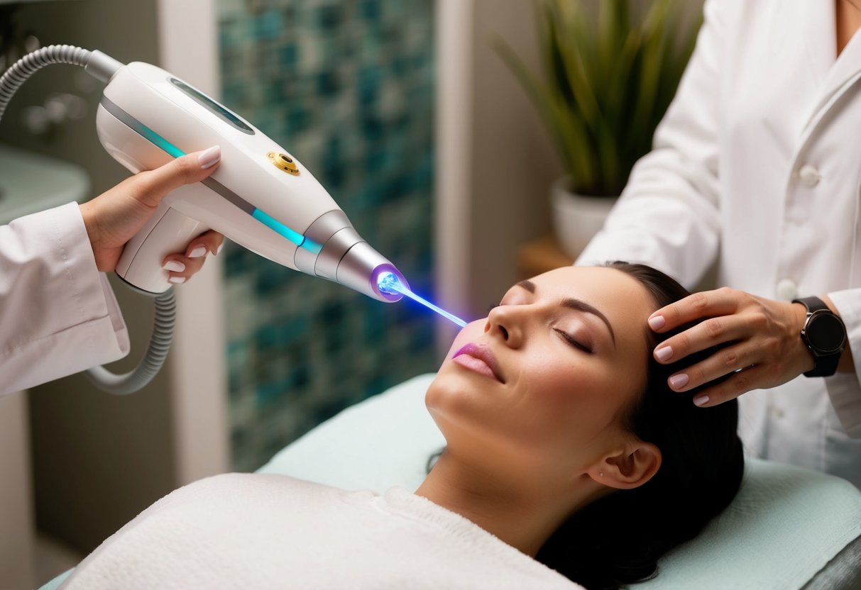 A serene spa setting with a futuristic laser device targeting pigmentation and scars on a client's skin