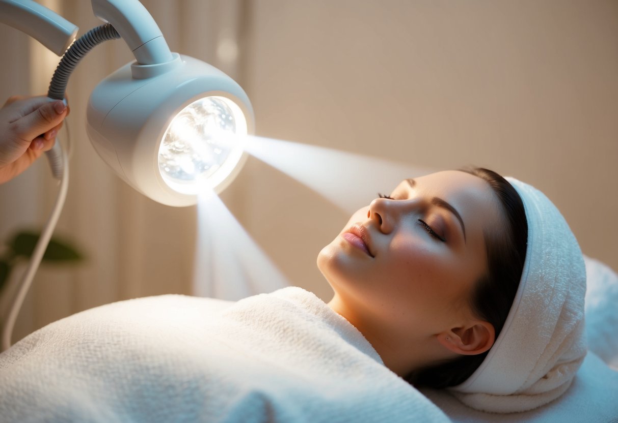 A serene spa setting with a focused beam of light targeting pigmentation and scars on the skin