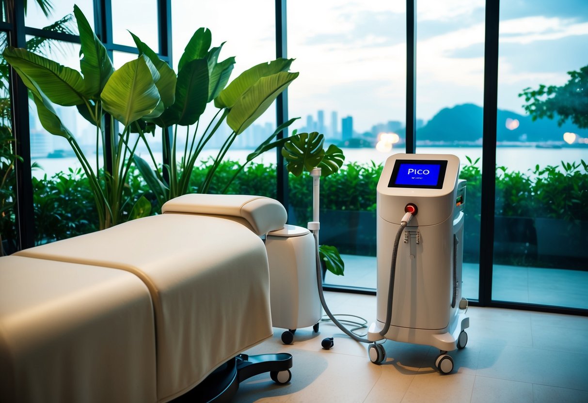 A serene spa setting with a pico laser machine, surrounded by lush greenery and a tranquil atmosphere in Singapore