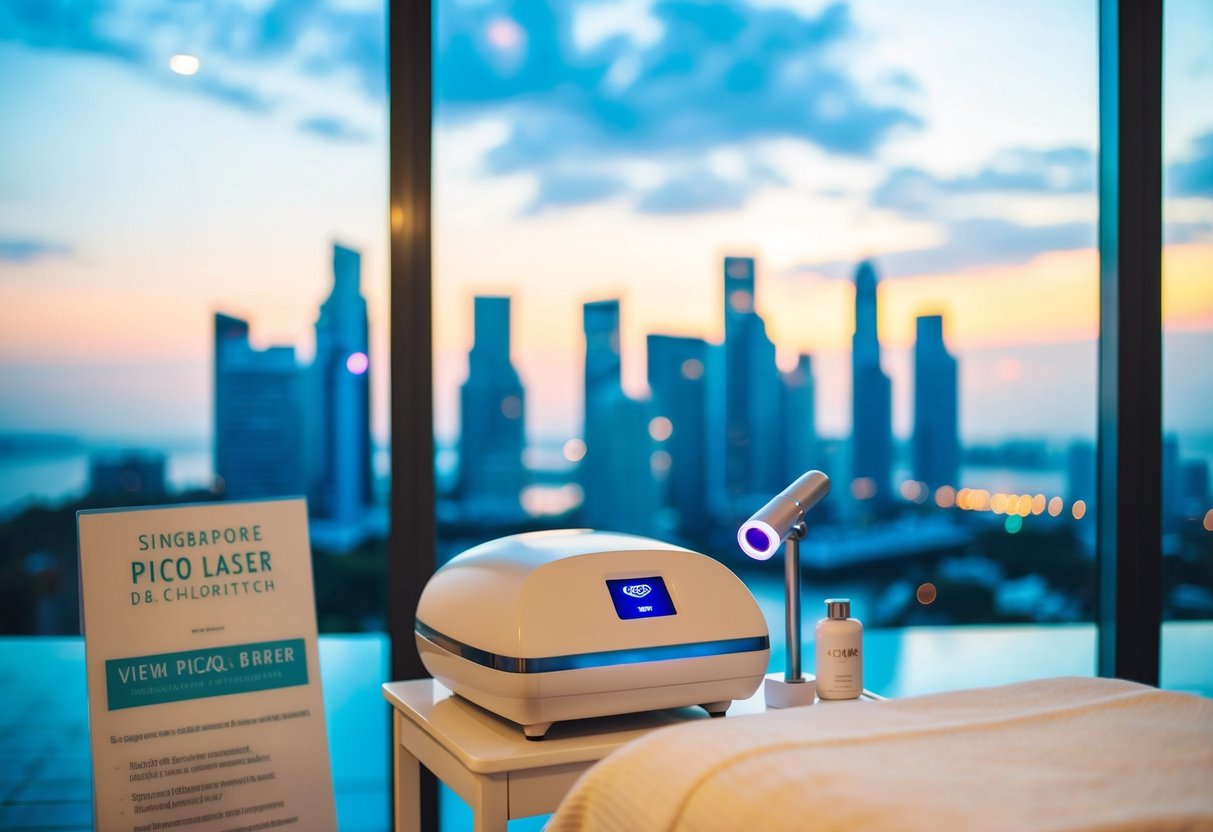 A serene spa setting with a pico laser machine, promotional signs, and a Singaporean skyline in the background