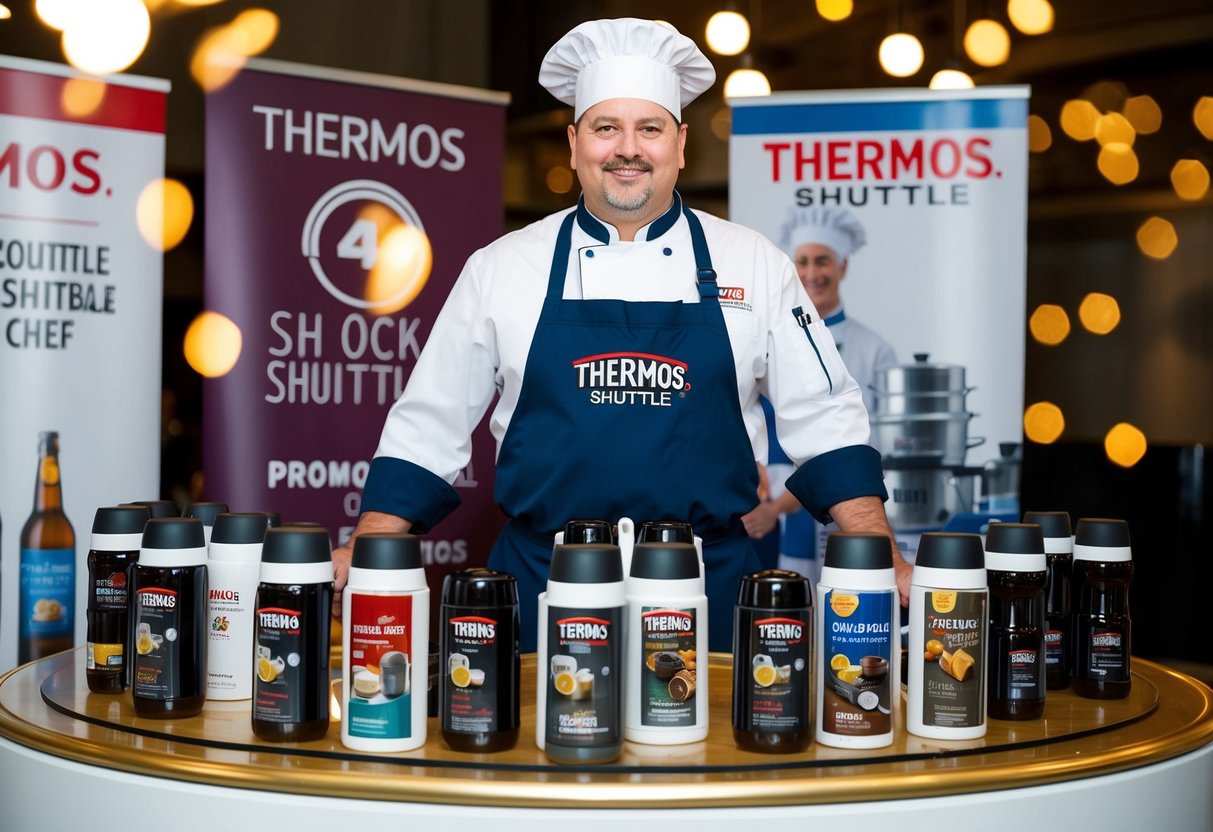 A thermos shuttle chef surrounded by promotional banners and products on display