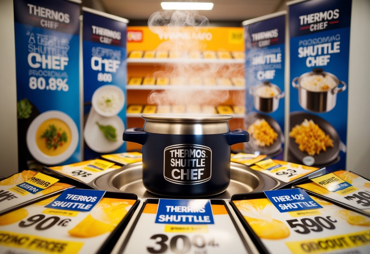 A steaming Thermos Shuttle Chef inner pot surrounded by promotional banners and a display of discounted prices