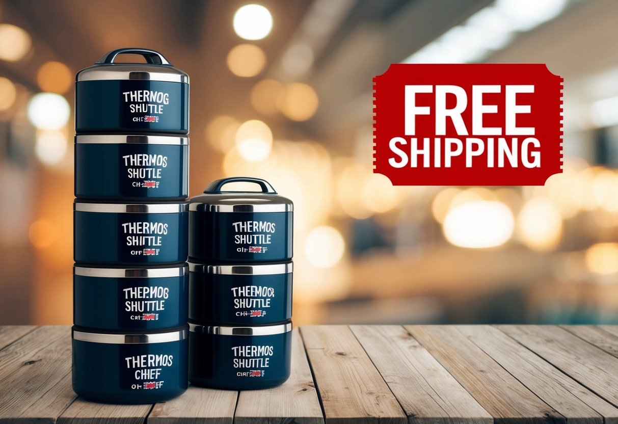 A stack of thermos shuttle chef models with a "Free Shipping" banner