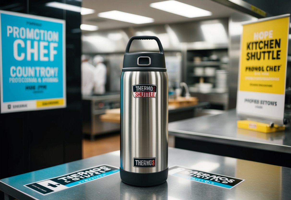 A 4.5L Thermos Shuttle Chef sits on a kitchen counter, surrounded by promotional signs and banners