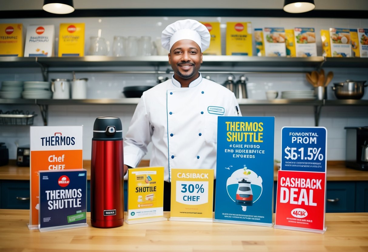 A kitchen counter with a Thermos Shuttle Chef surrounded by promotional materials and cashback deal signage