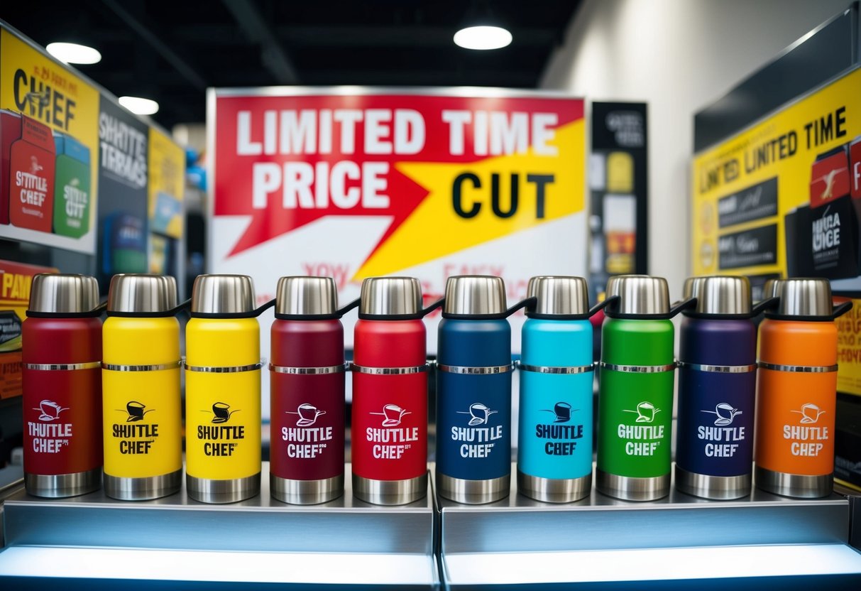 A colorful display of Shuttle Chef thermoses with "Limited Time Price Cut" signs and promotional banners
