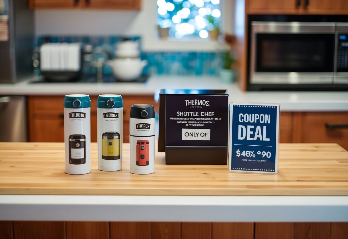 A kitchen counter with Thermos Shuttle Chef products displayed and a coupon deal sign nearby