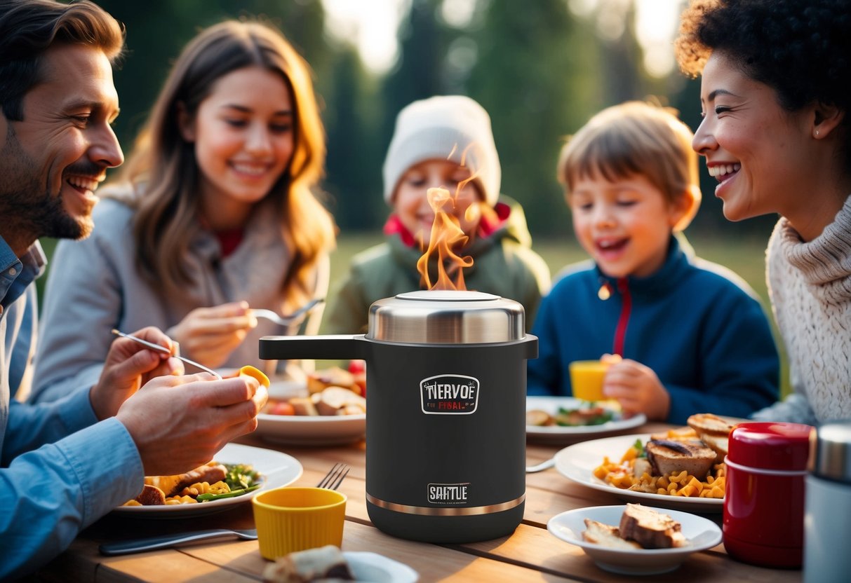 A family enjoys a hot meal together outdoors, using Thermos Shuttle Chef to keep their food warm. The promotional logo is visible on the product