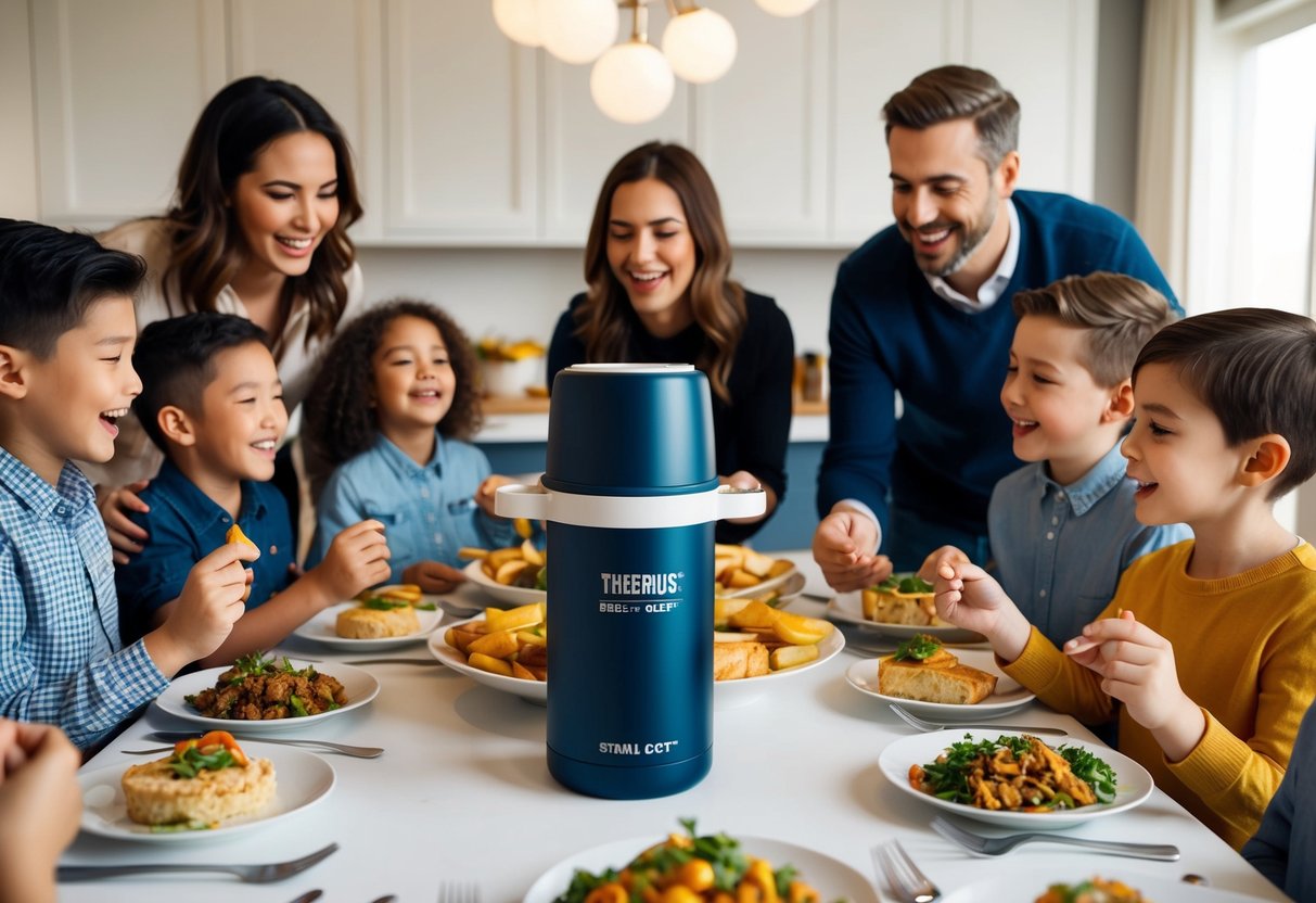 A family gathers around a table, excitedly receiving a Thermos Shuttle Chef as part of a promotion. The product is showcased in the center of the table, surrounded by happy faces and delicious food