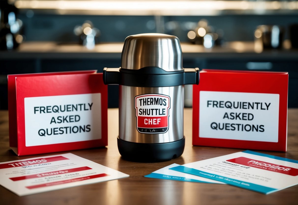 A thermos shuttle chef surrounded by promotional materials and frequently asked questions