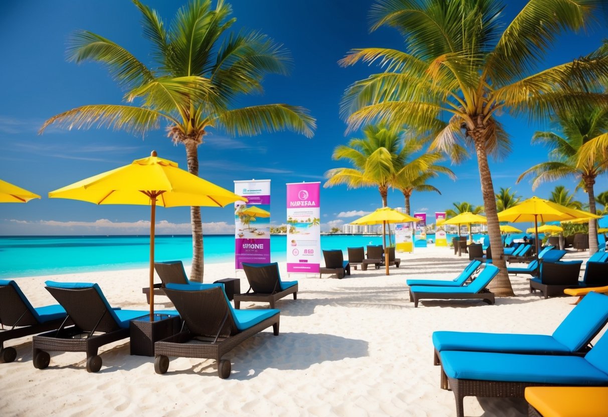 A vibrant beachfront resort with palm trees, sun loungers, and clear blue waters, showcasing promotional banners and colorful umbrellas