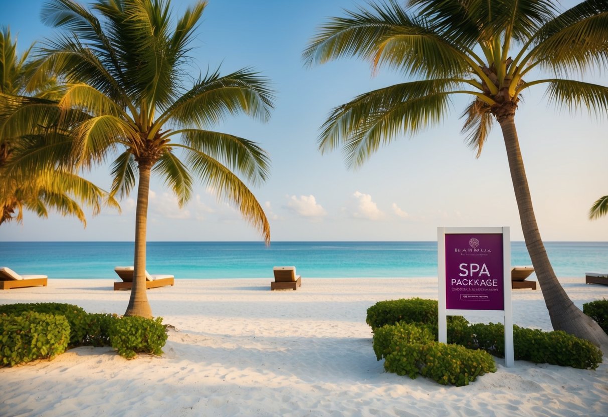 A serene beachfront resort with palm trees and a spa package promotion sign