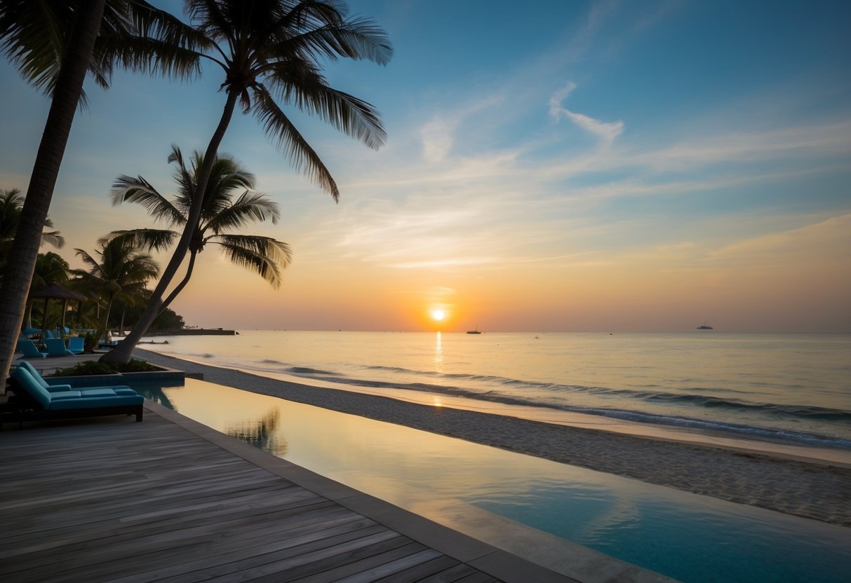 The sun sets over Rasa Sentosa beachfront resort, where guests enjoy a 3-night stay for the price of 2. Palm trees sway in the gentle sea breeze as the sound of waves lulls visitors to sleep