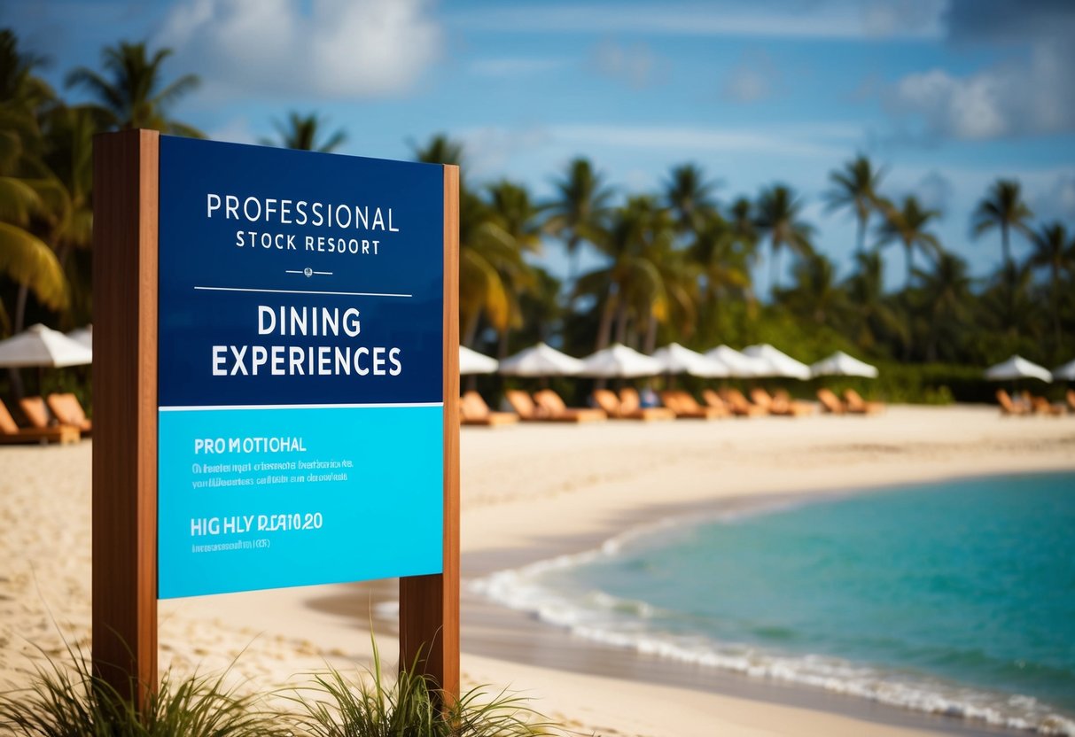 A beachfront resort with dining experiences promotional signage