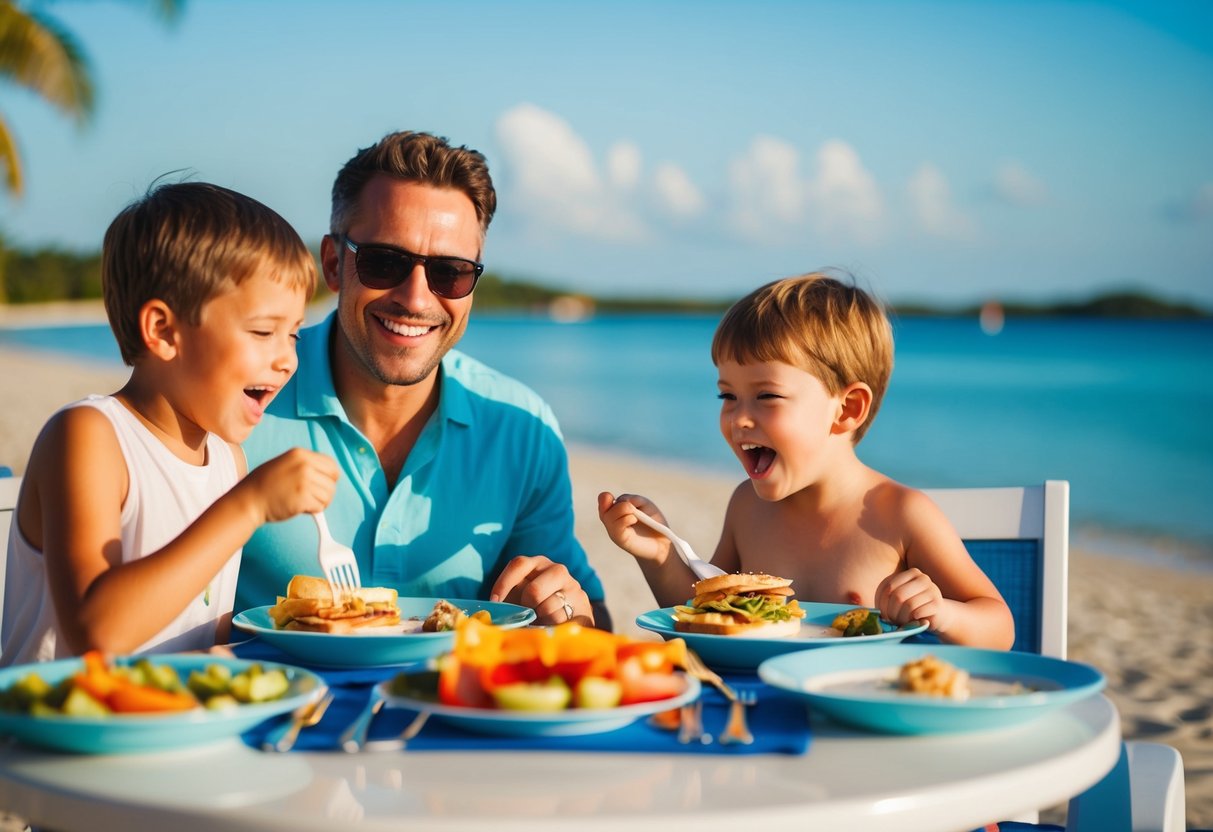 A family enjoys a beachfront resort with kids eating free