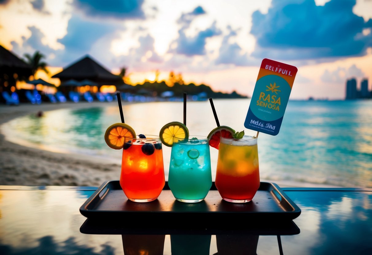 A beachfront bar at Rasa Sentosa with colorful sunset drinks and promotional signage