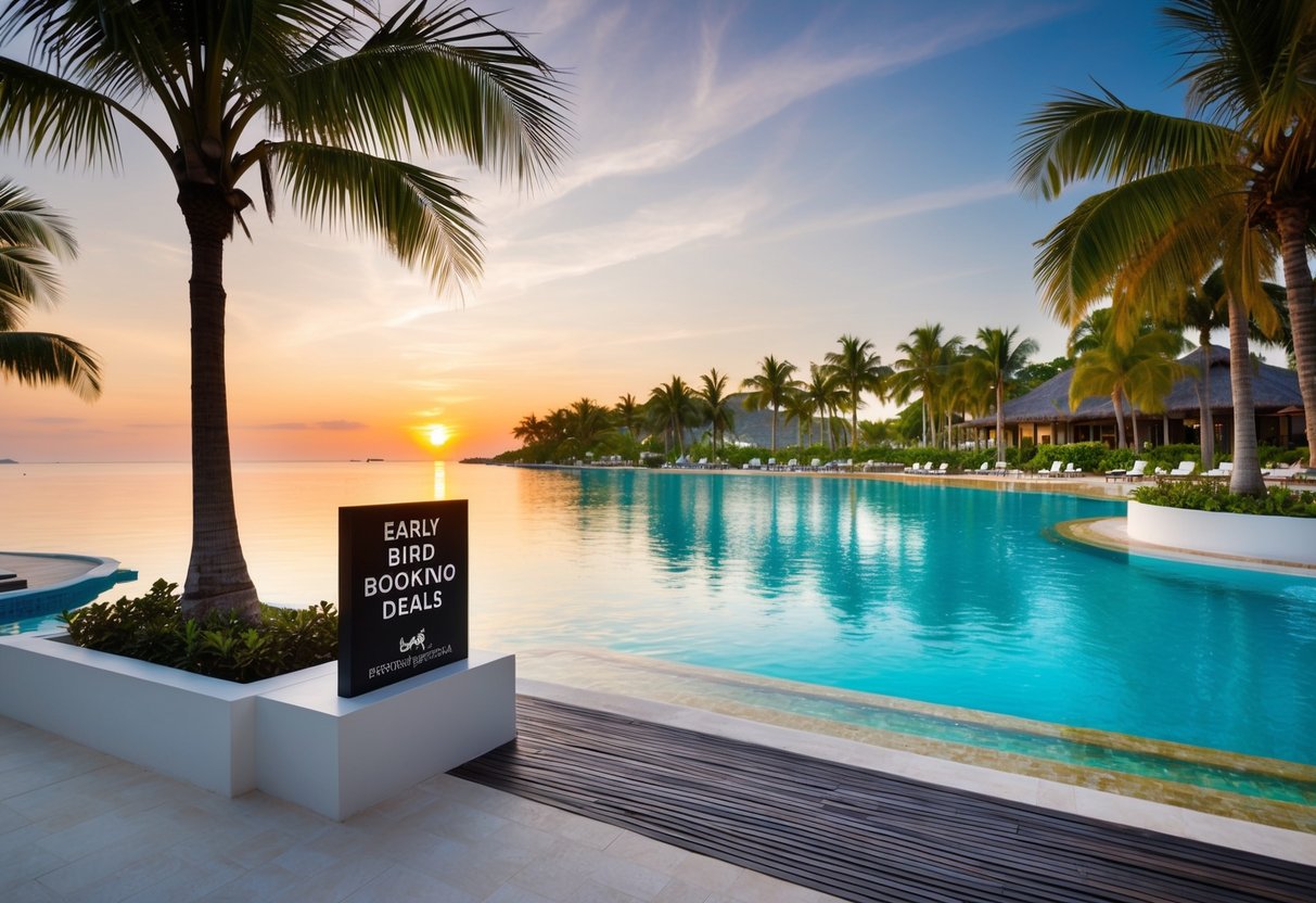 A vibrant beachfront resort with palm trees, crystal-clear waters, and a picturesque sunset. A sign displays "Early Bird Booking Deals" at Rasa Sentosa