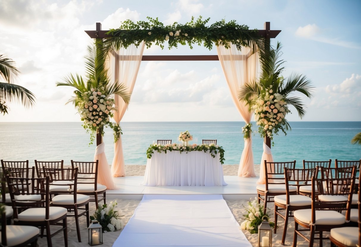 A beachfront wedding setup with elegant decorations and a beautiful ocean backdrop at Rasa Sentosa resort