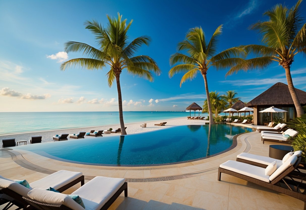 A beachfront resort with palm trees, blue skies, and a luxurious pool area, showcasing exclusive honeymoon offers at Rasa Sentosa