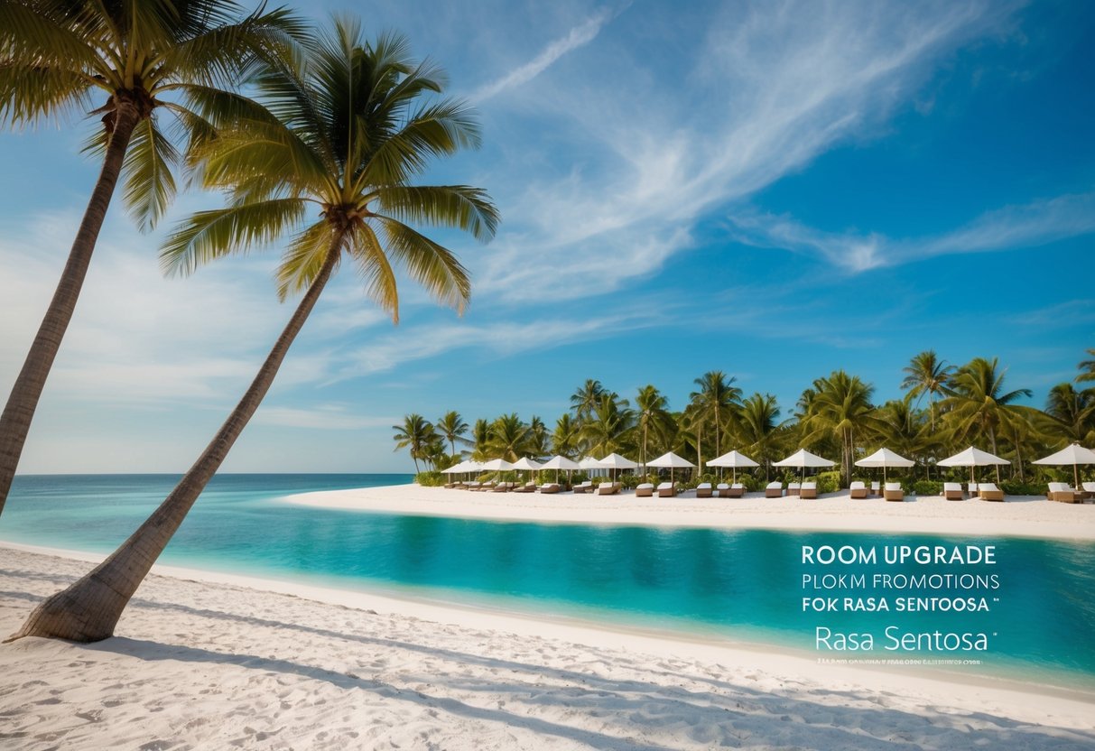 A beachfront resort with palm trees, white sand, and blue waters, featuring Room Upgrade Promotions for Rasa Sentosa