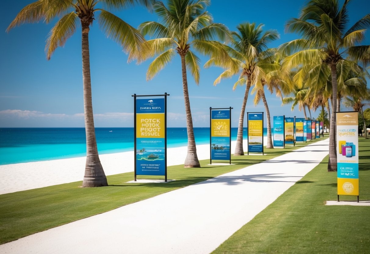 A beachfront resort with palm trees, white sand, and clear blue water, with colorful promotional banners and signs displayed along the pathway