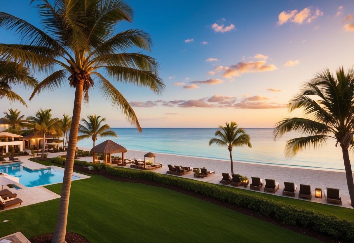 A beachfront resort with palm trees, a pristine beach, and luxurious amenities