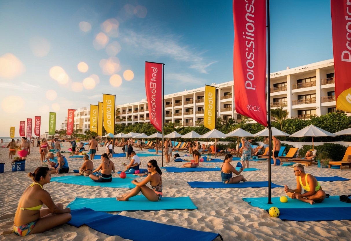 A bustling beachfront resort with people enjoying activities, surrounded by promotional banners and signs