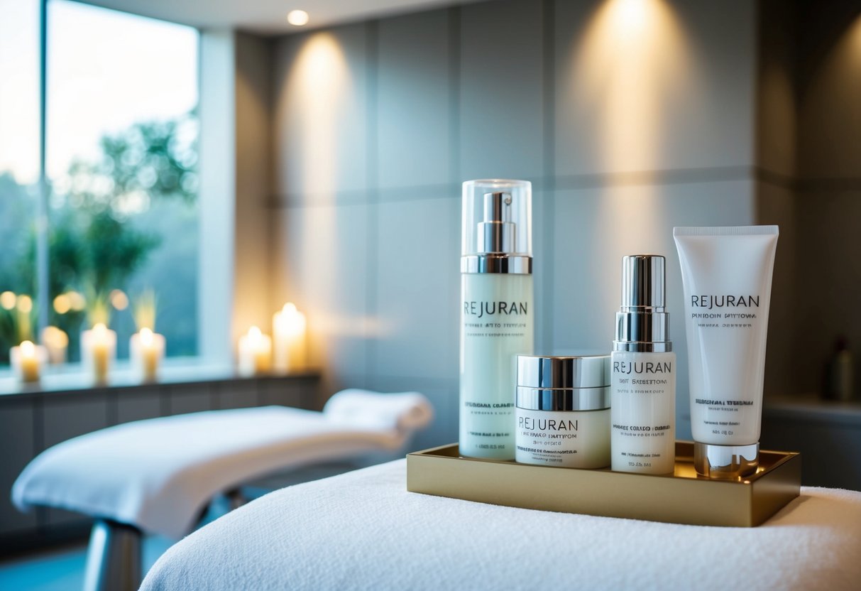 A serene spa setting with a sleek, modern interior and a prominent display of rejuran skin-healing booster treatment products