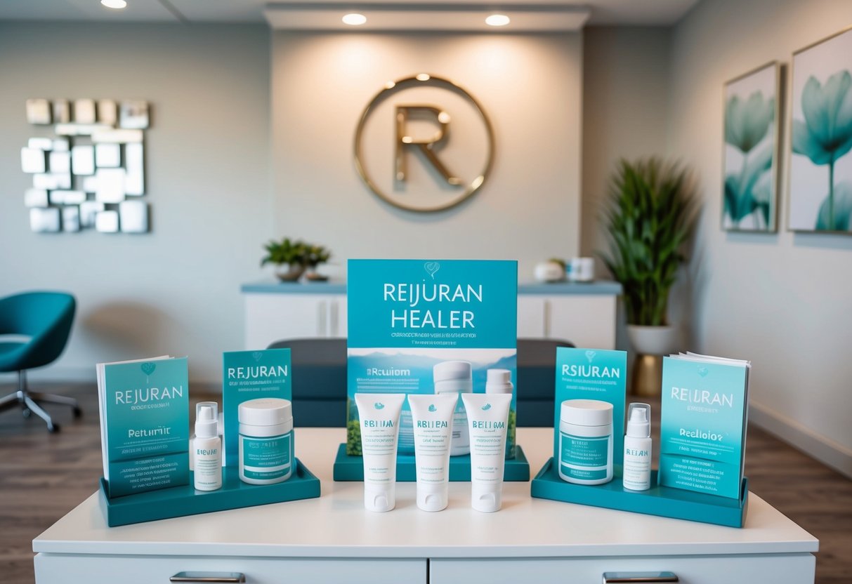 A serene clinic setting with a sleek, modern interior. A promotional display of Rejuran Healer treatment products and brochures