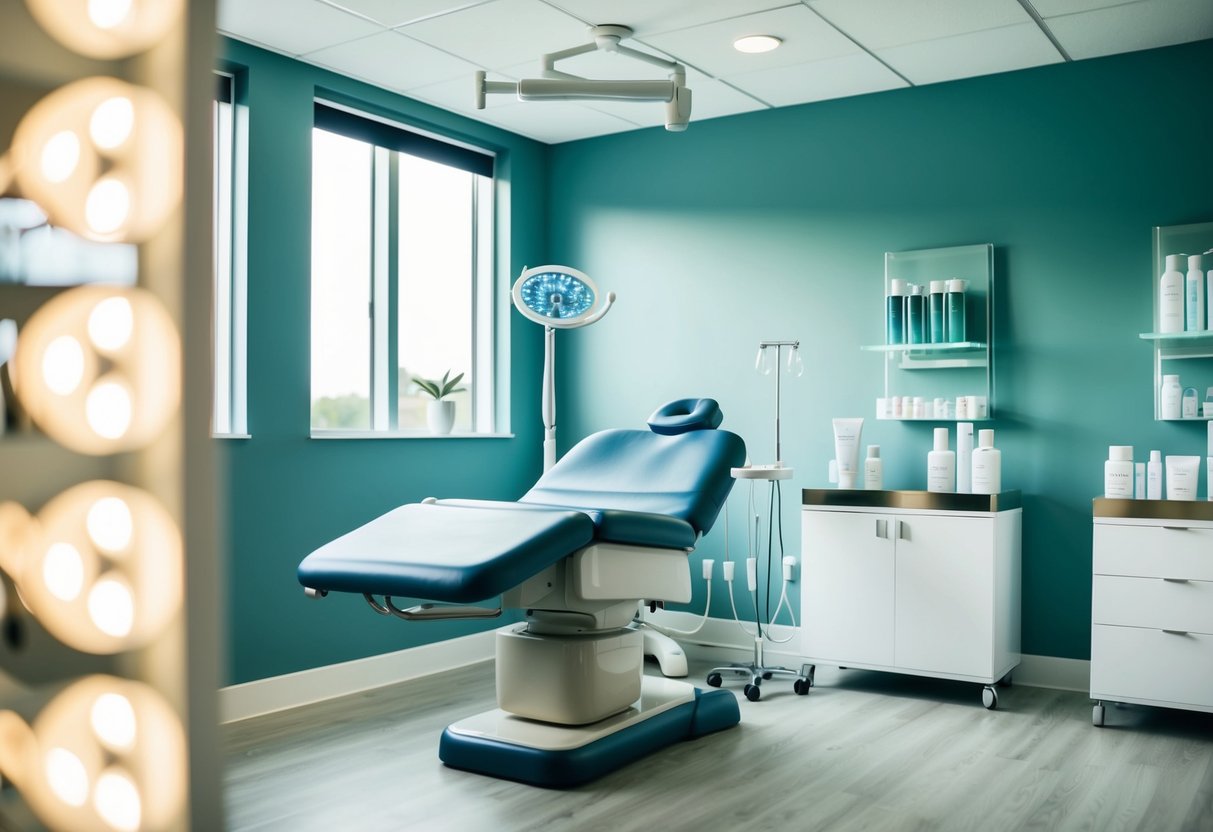 A serene clinic room with a reclining treatment chair, medical equipment, and luxurious skincare products on display