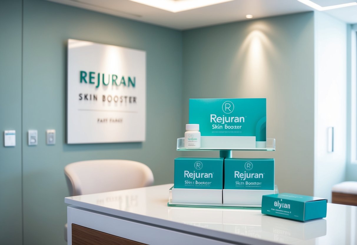 A serene clinic setting with a sleek, modern interior. A display showcases Rejuran Skin Booster promotions