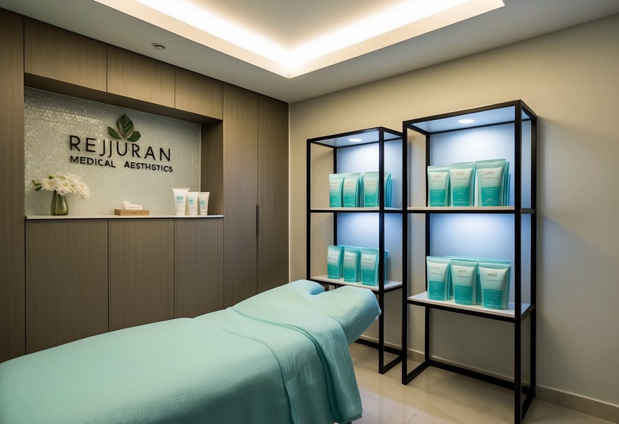 A serene spa room with soft lighting, a comfortable treatment bed, and shelves displaying Rejuran Microneedling Packages at Halley Medical Aesthetics in Singapore