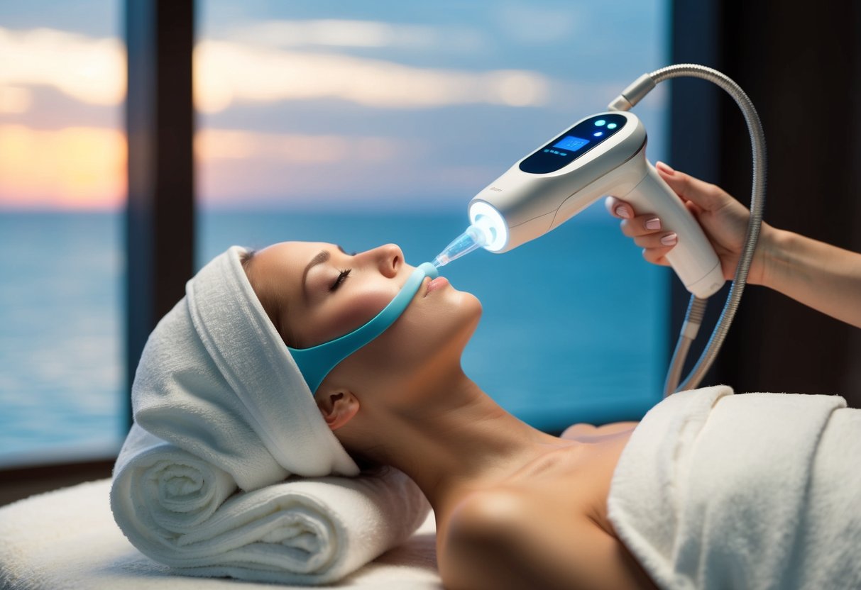 A serene spa setting with a futuristic-looking medical device administering the Rejuran skin-healing booster treatment