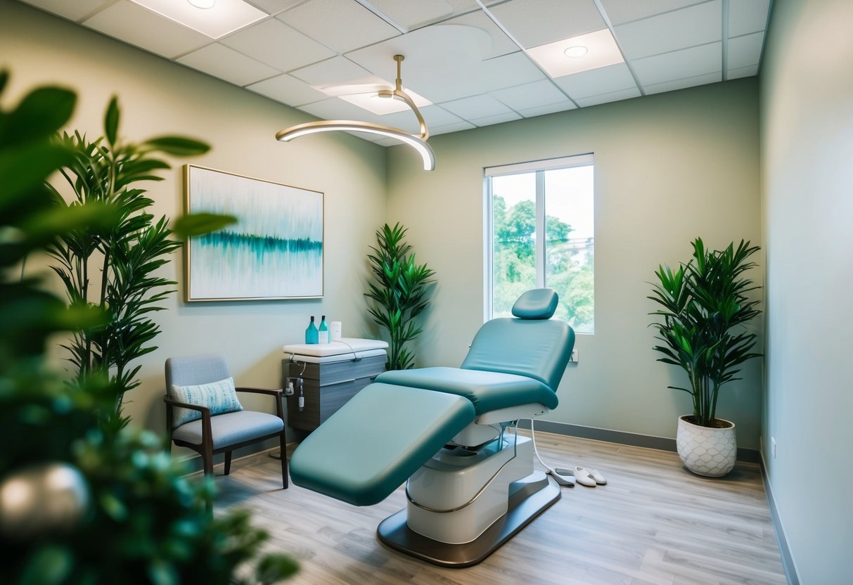 A serene clinic room with soft lighting and a reclining treatment chair surrounded by calming greenery and modern decor