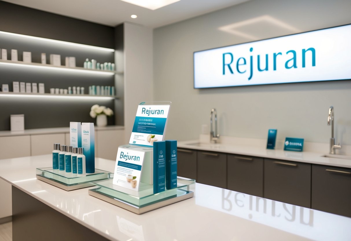 A serene clinic setting with a sleek, modern interior. A display of Rejuran products and promotional materials on a clean, minimalist counter