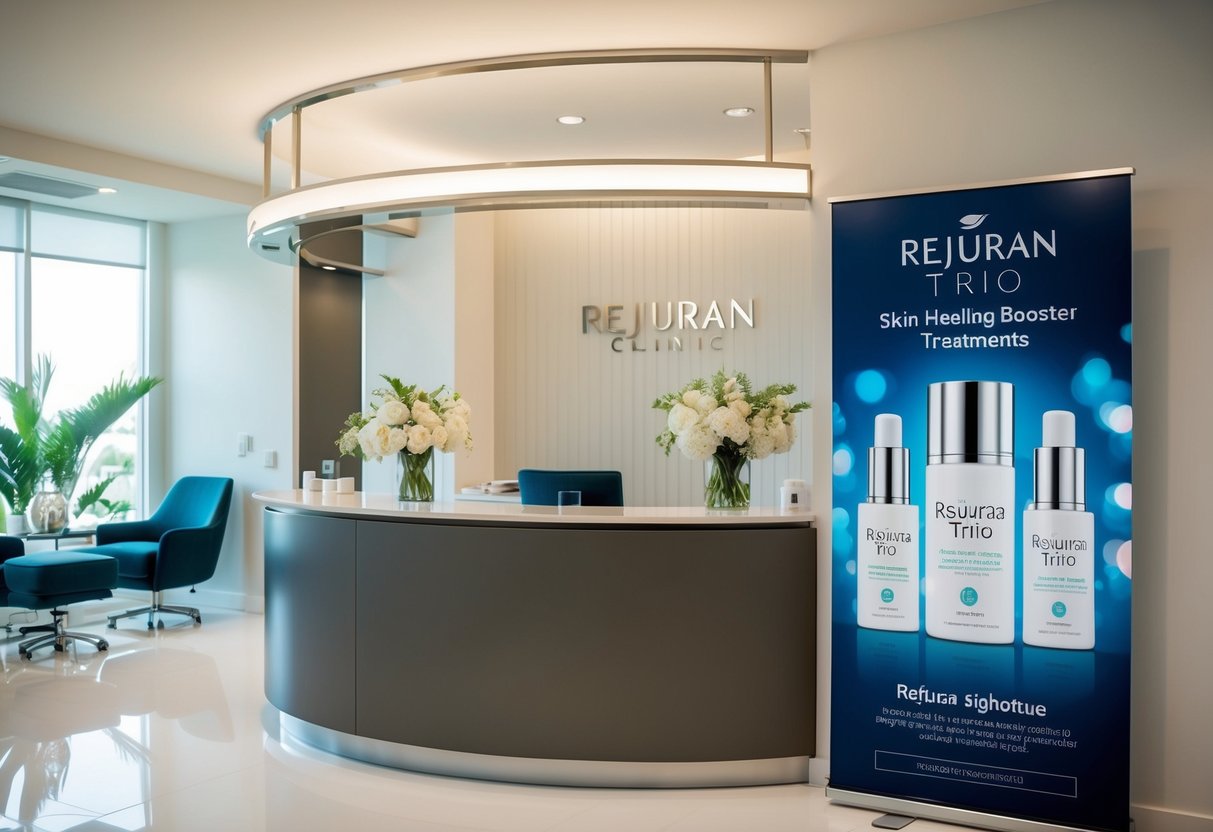 A serene clinic setting with a sleek, modern interior and a prominent display of Signature Rejuran Trio skin-healing booster treatment promotions