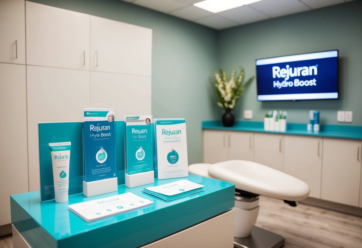 A serene clinic setting with a sleek, modern interior. A display showcasing Rejuran Hydro Boost promotion materials