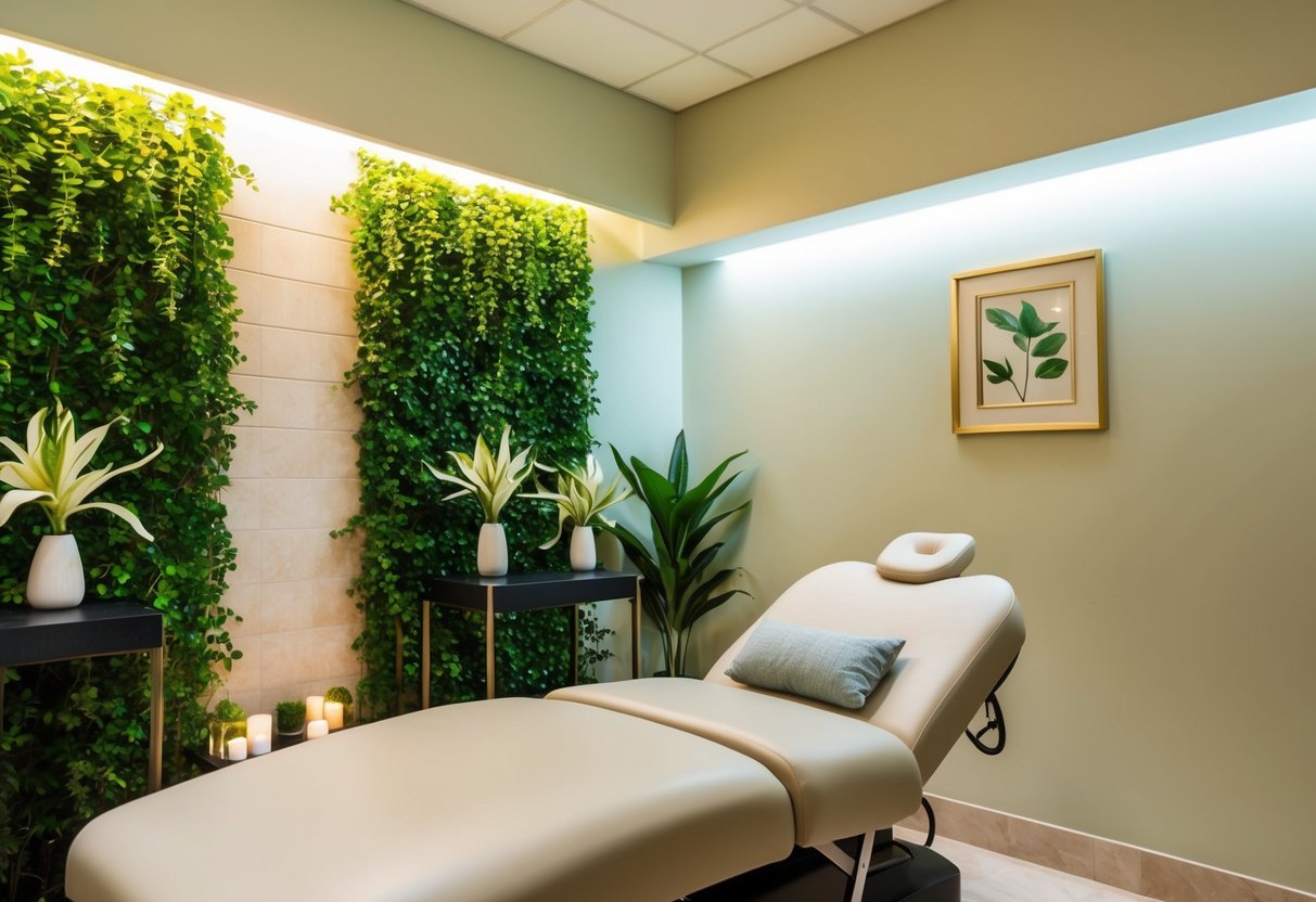 A serene spa room with soft lighting and a reclining treatment chair surrounded by calming botanical decor
