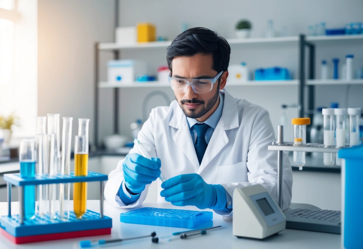 A scientist in a lab, surrounded by test tubes and equipment, studying the molecular structure of Rejuran skin-healing booster