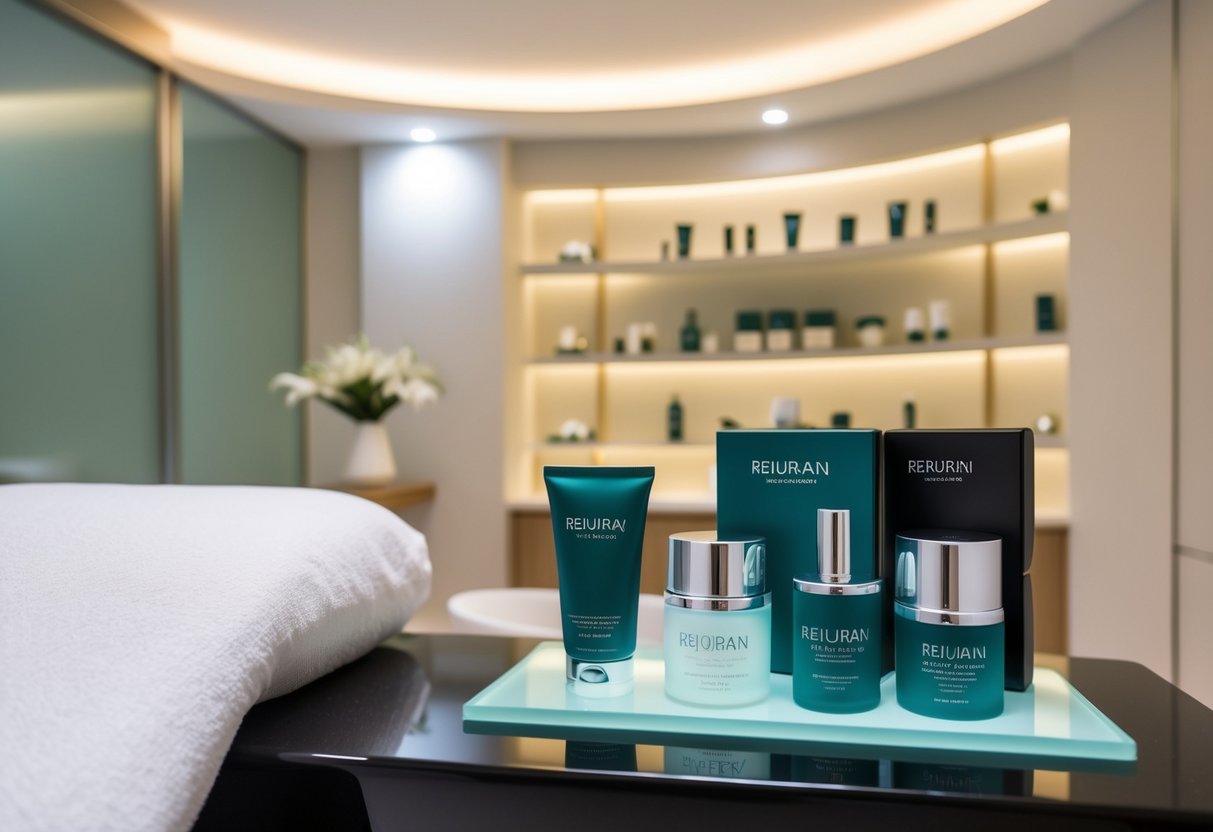 A serene spa setting with a sleek, modern display of rejuran products and promotional materials in Singapore