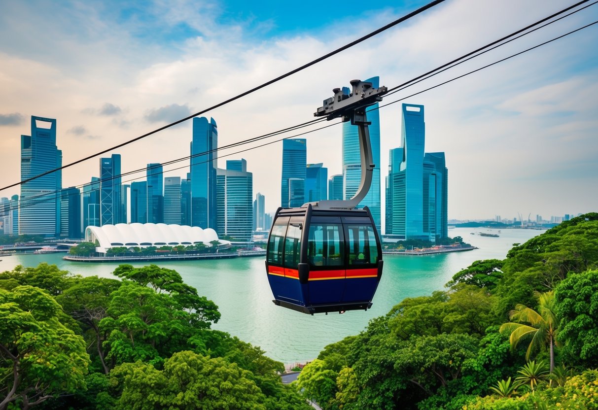 A cable car glides over lush greenery in Singapore, with a backdrop of modern skyscrapers and the sparkling waters of the harbor