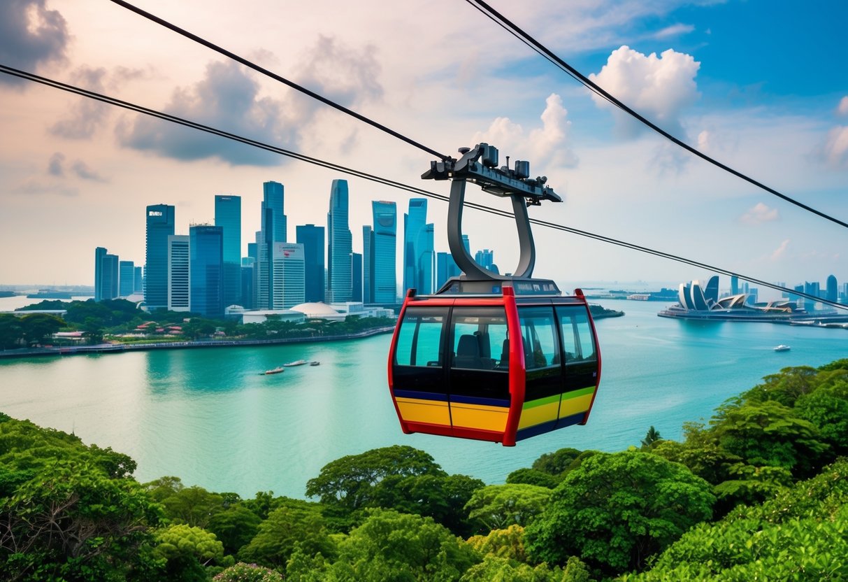 A colorful cable car glides through the sky above lush greenery and sparkling blue waters, with a backdrop of Singapore's iconic skyline