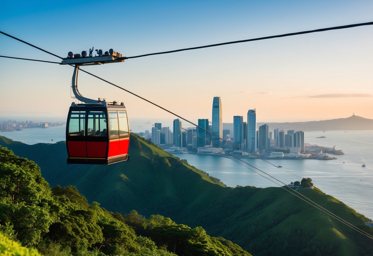 A cable car glides over lush green hills, with a view of the city skyline and harbor in the distance
