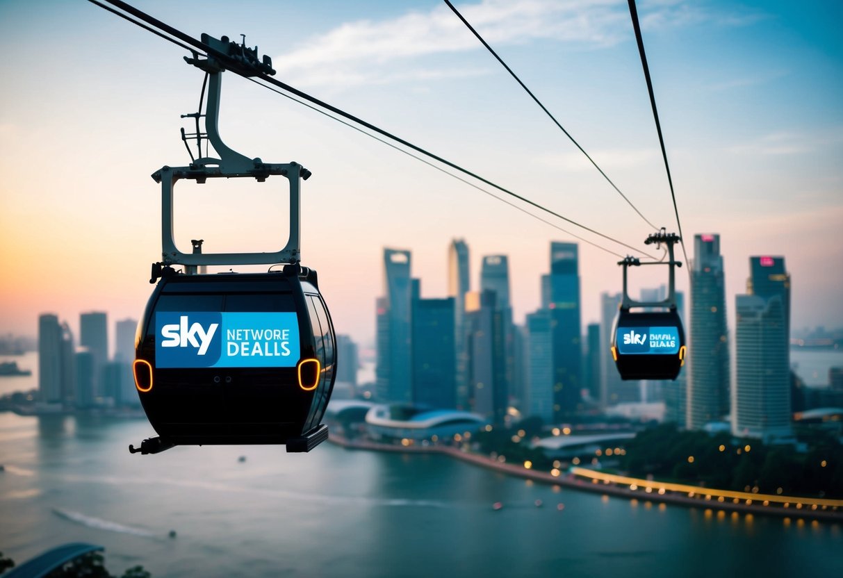 A cable car glides over the Singapore skyline, with the Sky Network Deals logo prominently displayed on the gondola