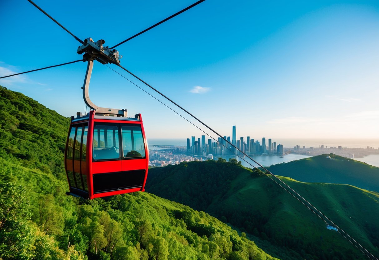 A cable car gliding over lush green hills with a bright blue sky and the city skyline in the background