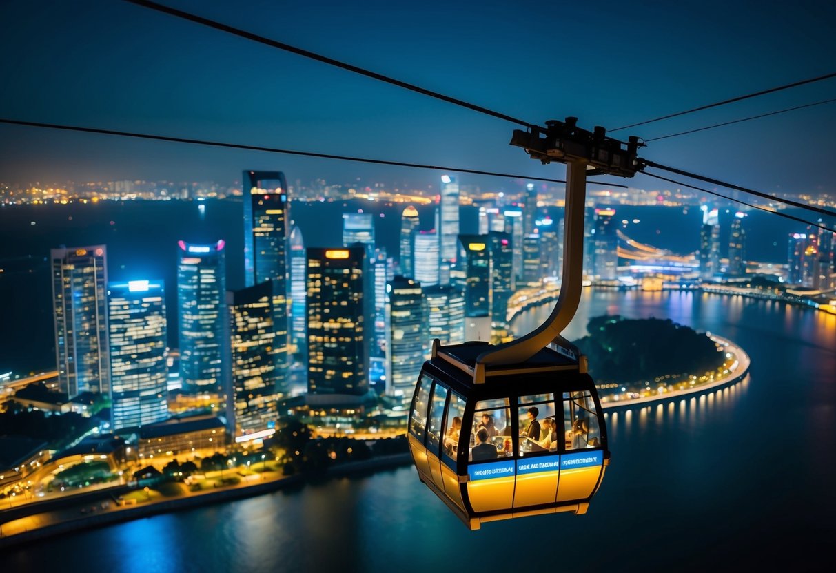 A cable car glides over the glittering cityscape of Singapore at night, offering a thrilling and adventurous promotion for eager visitors