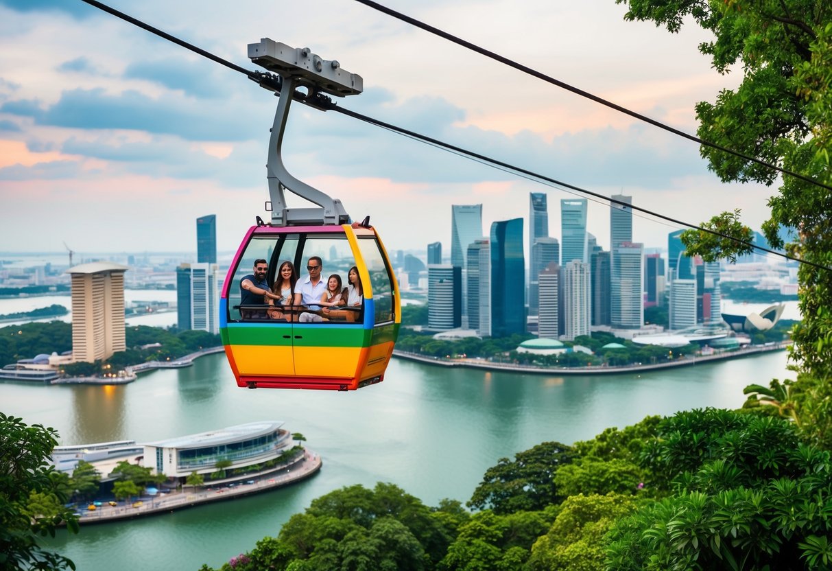 A colorful cable car glides over lush greenery, with a family enjoying the panoramic views of Singapore's skyline and harbor below