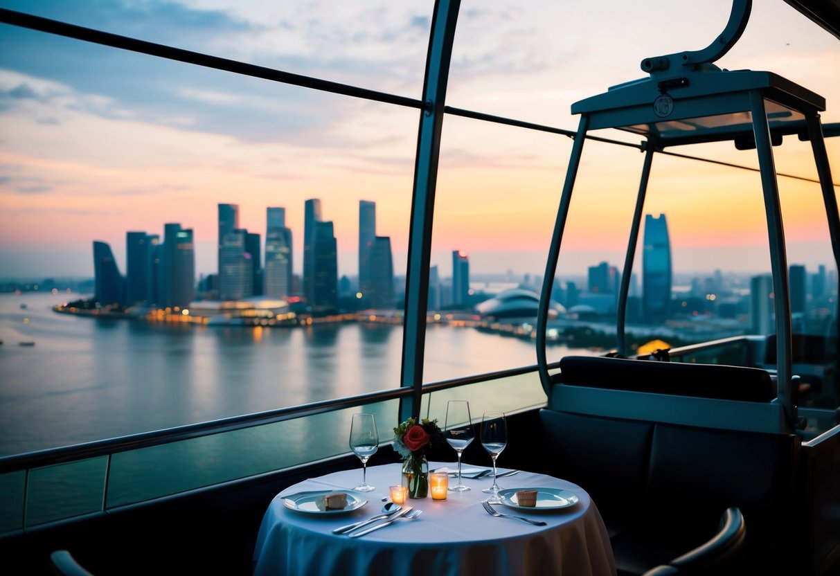 A serene dinner scene in a cable car overlooking the Singapore skyline
